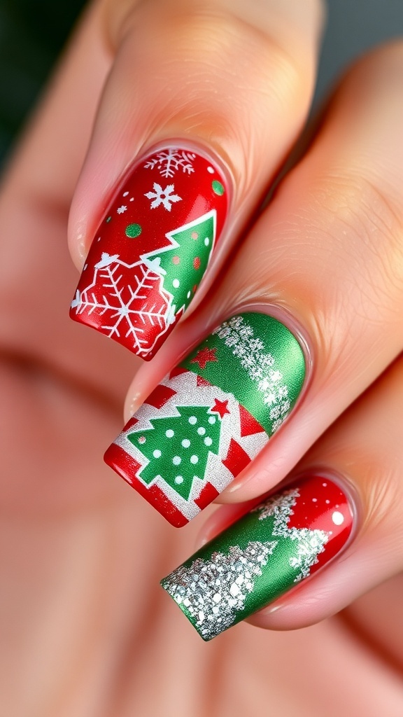 Close-up of short nails with Christmas designs in red and green, featuring snowflakes and glitter.